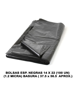 BOLSAS ESP. NEGRAS 14 X 22 (100 UN - 1.2 MICRA ) BASURA ( 37.5 CM x 56.5 CM APROX.)
