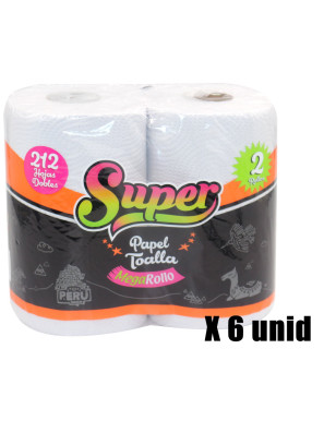 SUPER PAPEL TOALLA MEGA ROLLO (212 HOJAS) X 2 UN. X 6 UN.