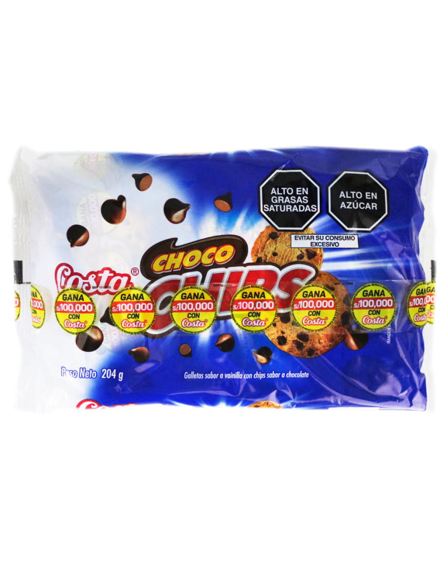 COSTA GALLETAS CHOCO CHIPS SIX PACK X 204 GR