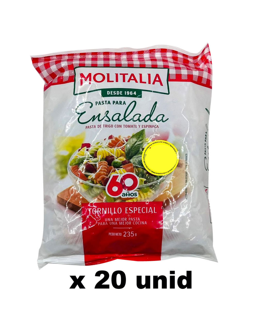 MOLITALIA FIDEO TORNILLO TRICOLOR X 235 GR. X 20 UN.