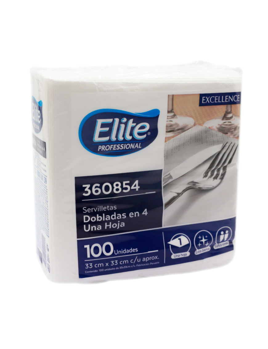SERVILLETA ELITE DOBLADA EN 4 UNA HOJA EXCELLENCE X 100 UN (33 CM X 33 CM) (360854)